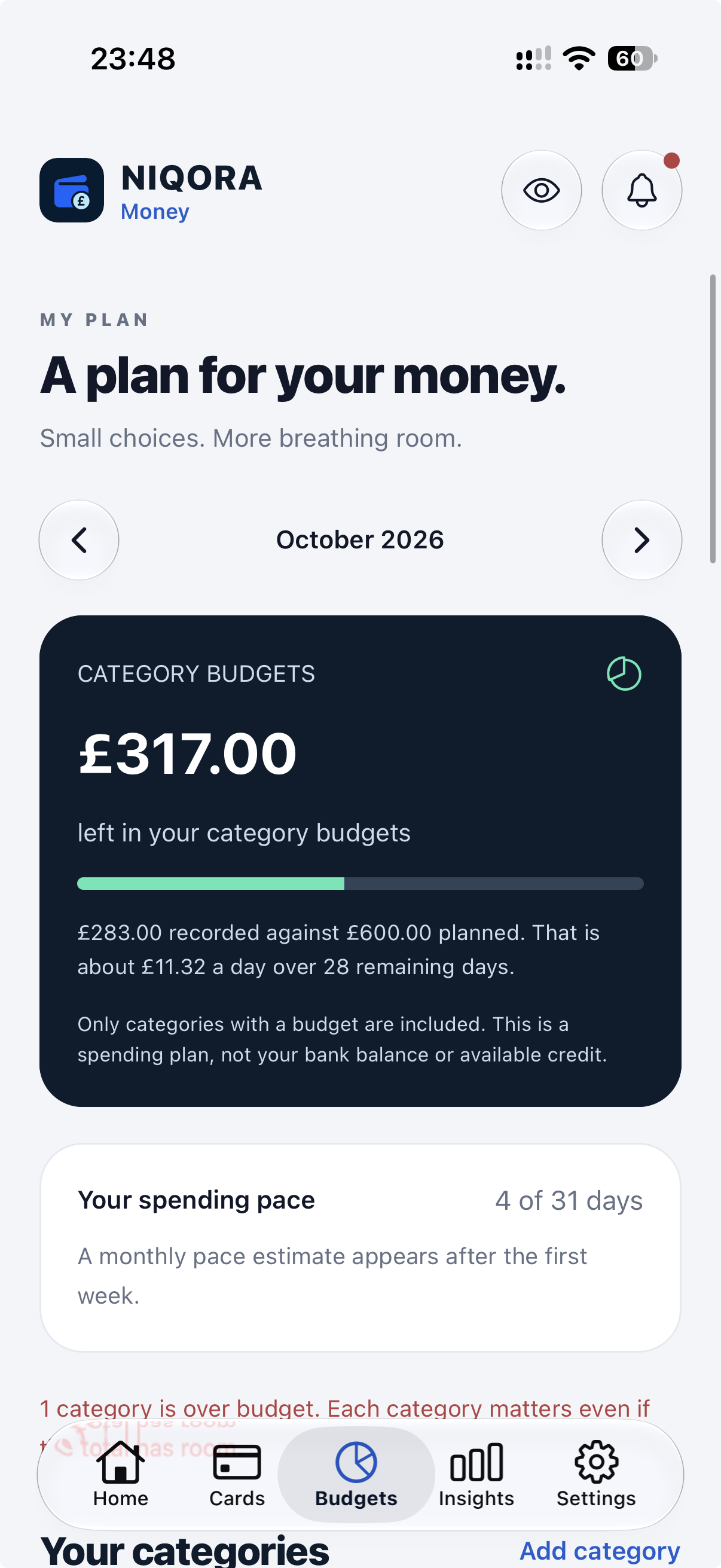 NIQORA Money budgets screen with example data