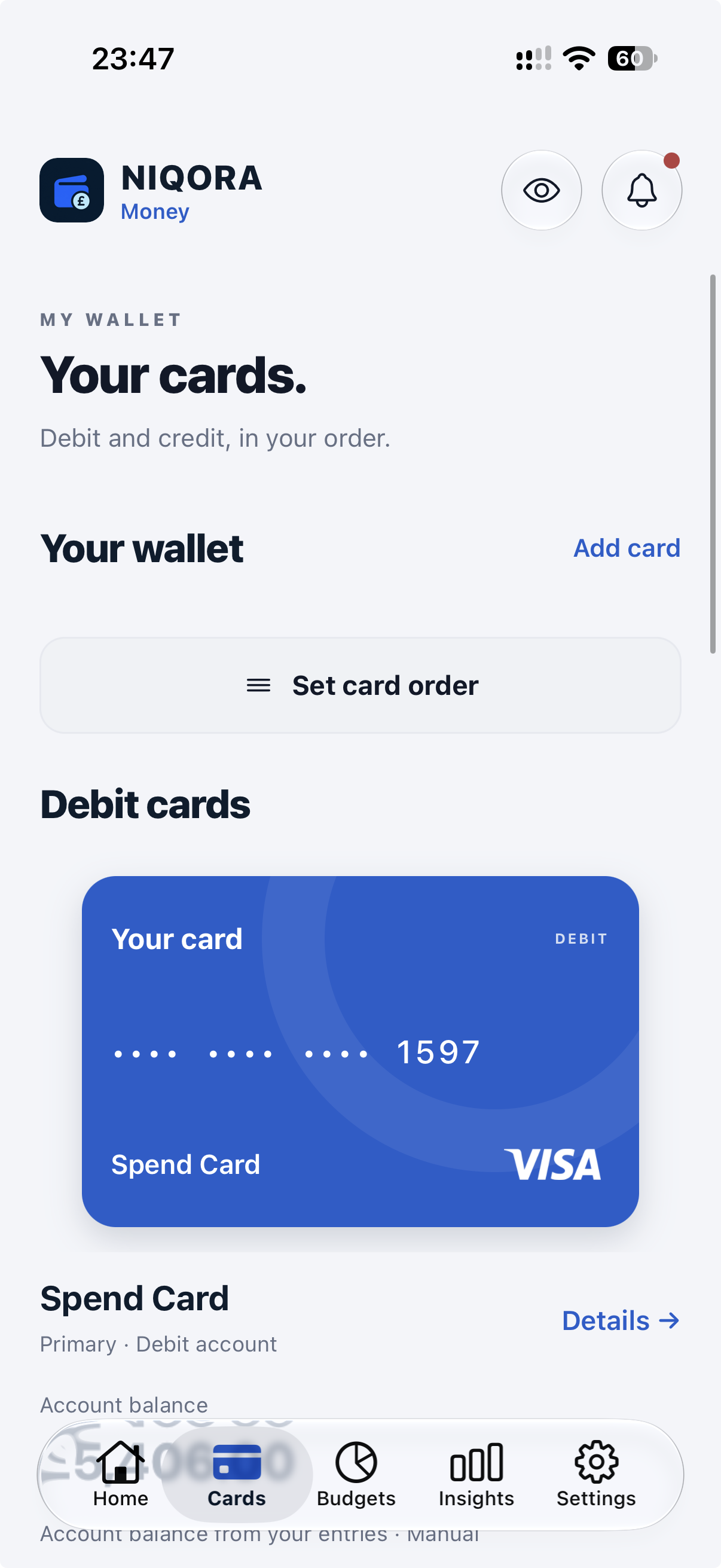 NIQORA Money cards screen with example data