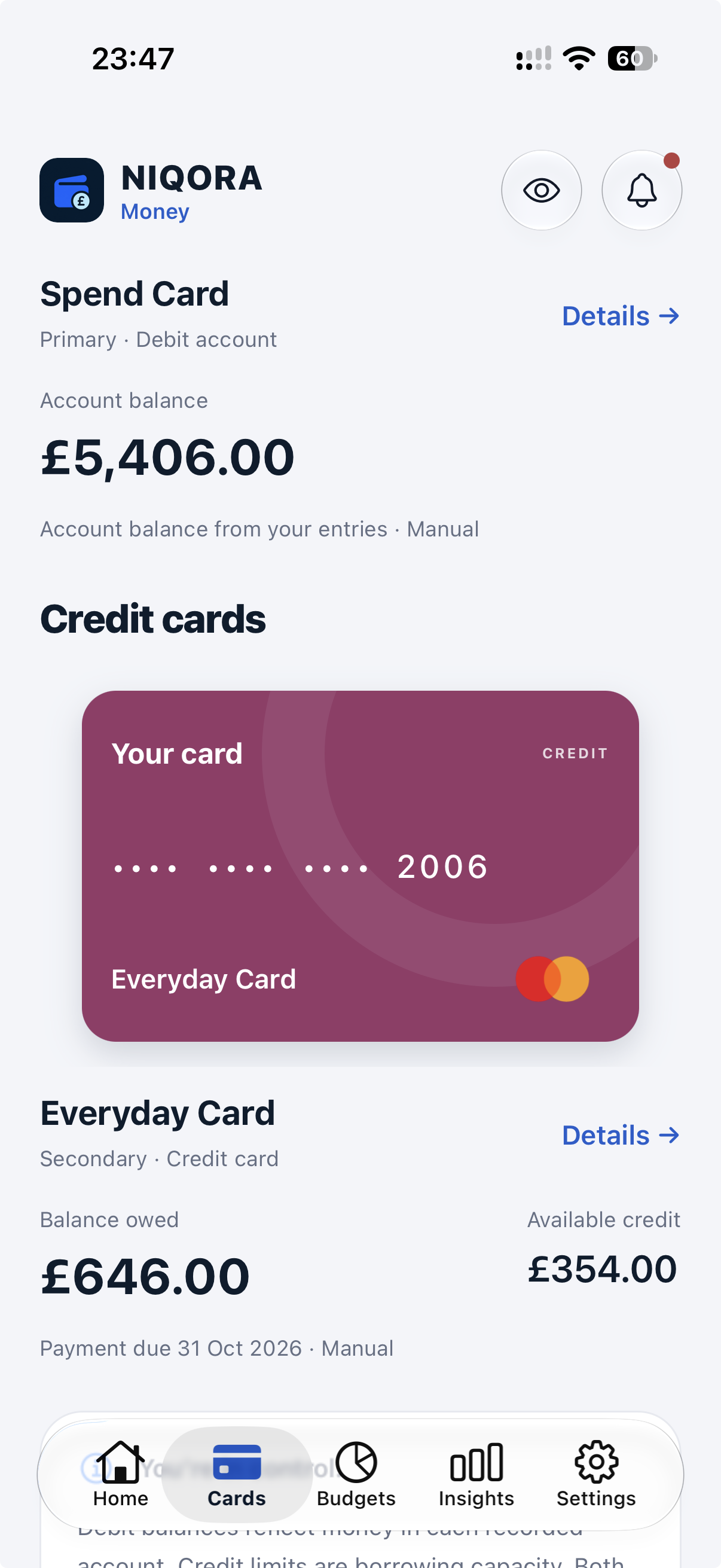 NIQORA Money credit screen with example data