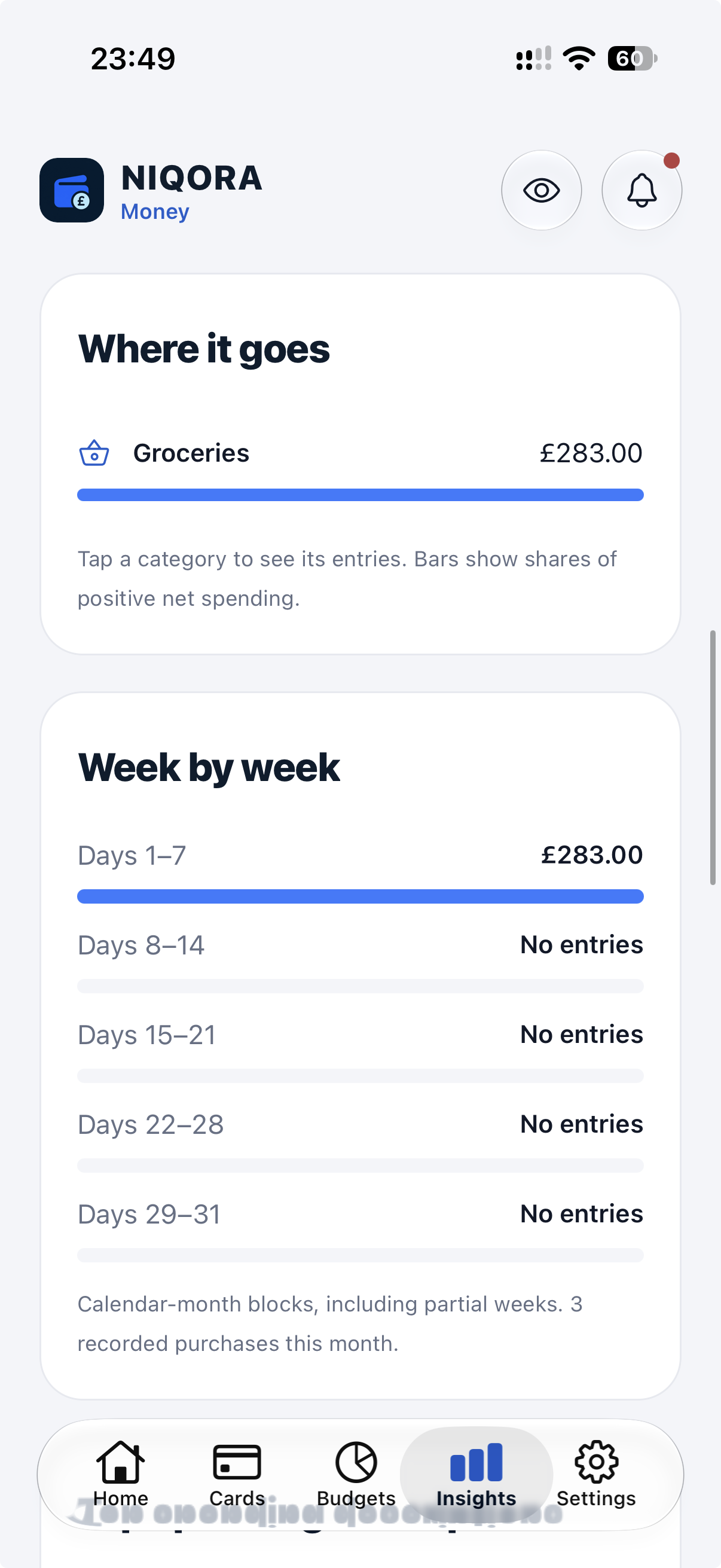 NIQORA Money insights screen with example data